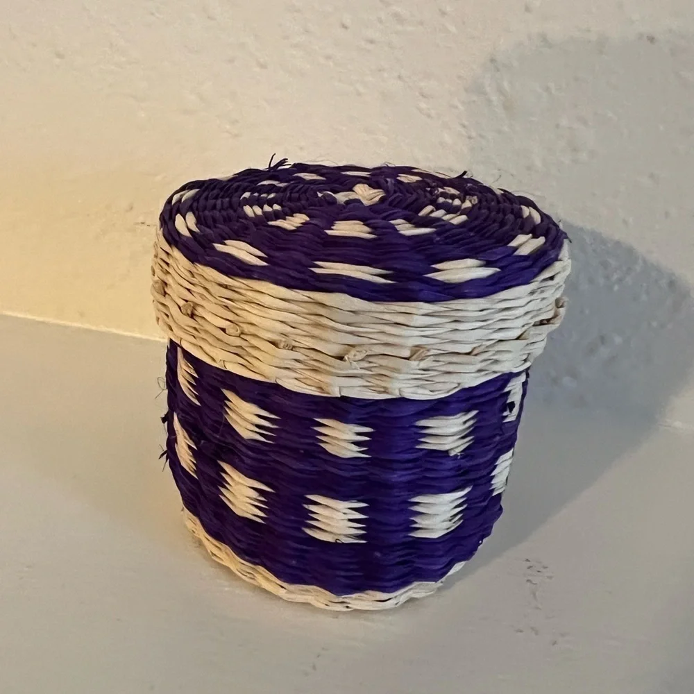 Miniature Basket Round Lidded~ Sweatgrass~ Origin Unknown~ Purple Accents.